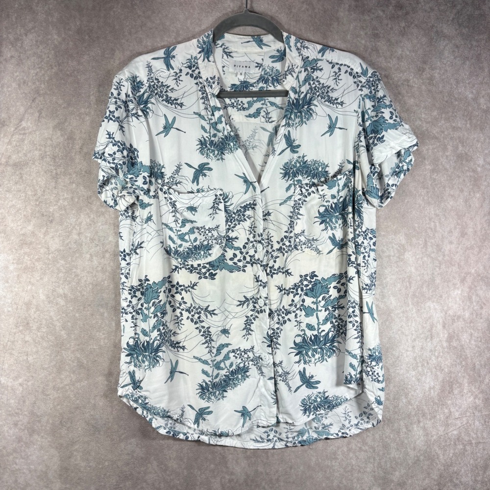Piyama Button Up Shirt Womens S White Blue Dragonfly Floral Rayon Short Sleeve